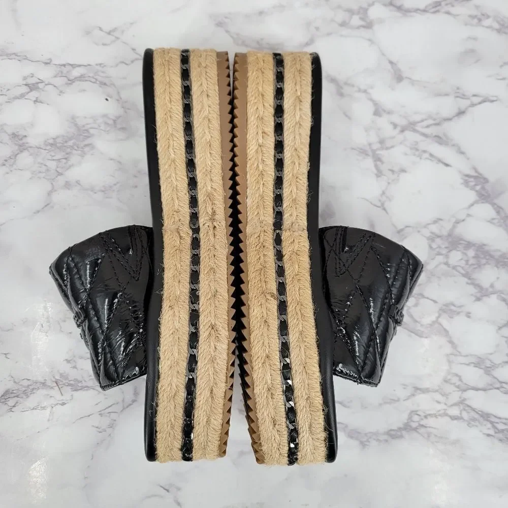 Karl Lagerfeld Kamara Black Quilted Platform Slide Sandals Jute Espadrilles